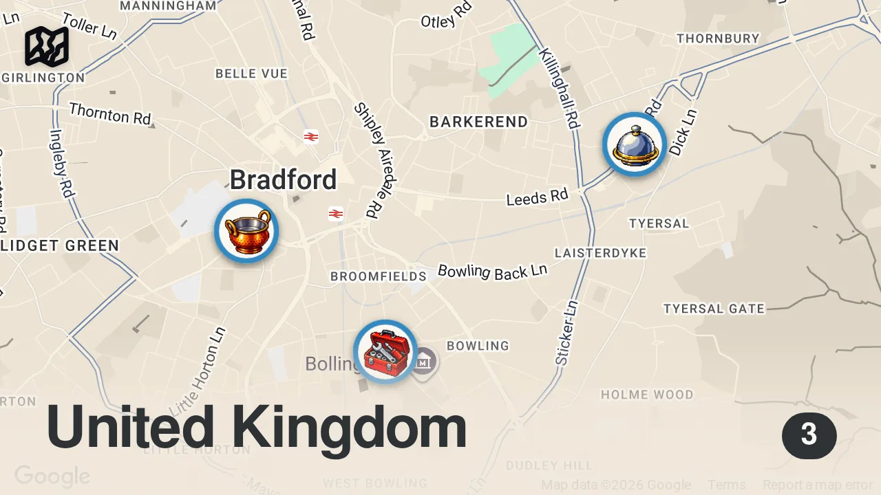 Map of 3 spots from I found the BEST curry in the UK!