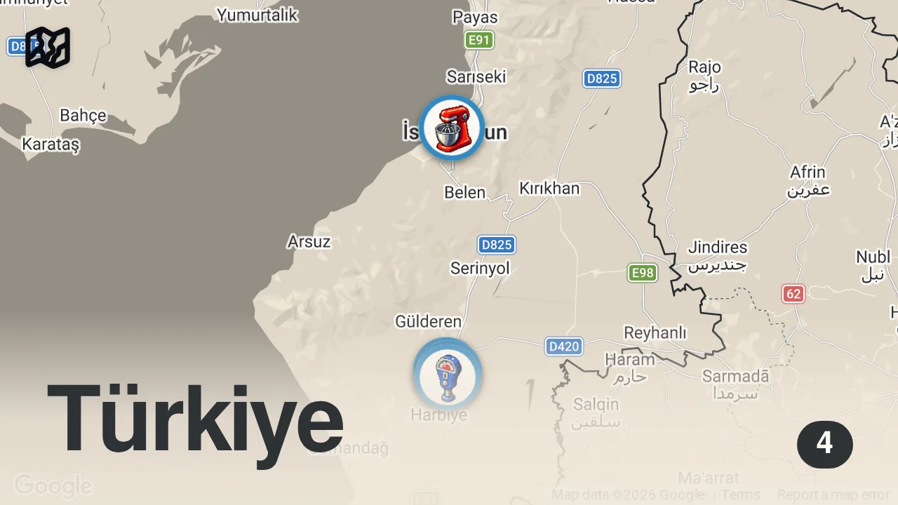 Map of 4 spots from ANTAKYA’DA GECE NE YENİR!!! @FIRATSOBUTAY