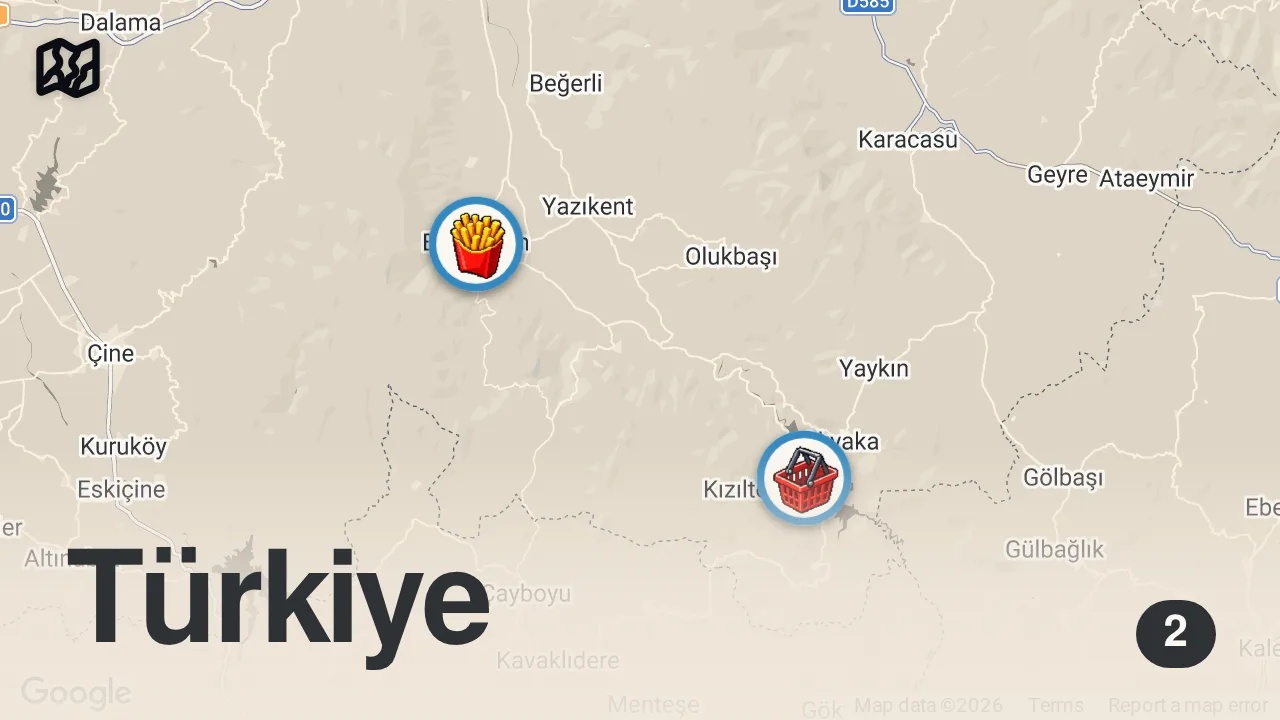 Map of 2 spots from BOZDOĞAN KÖYLÜ PAZARI TURU (Köylü pazarını gezdik, nefis kokoreç yedik) - Ayaküstü Lezzetler