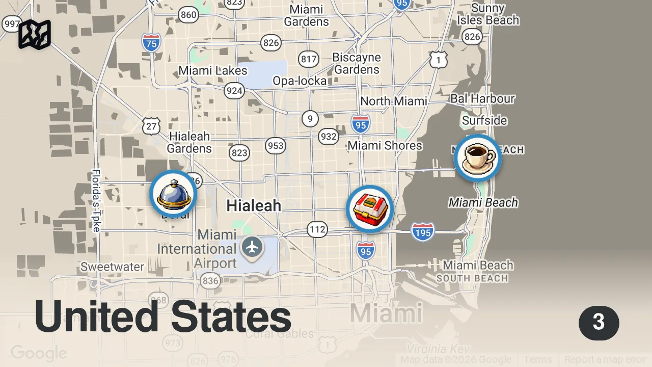 Map of 3 spots from Eating Instagram’s Most Viral Food Spots For 24 Hours! (Miami)
