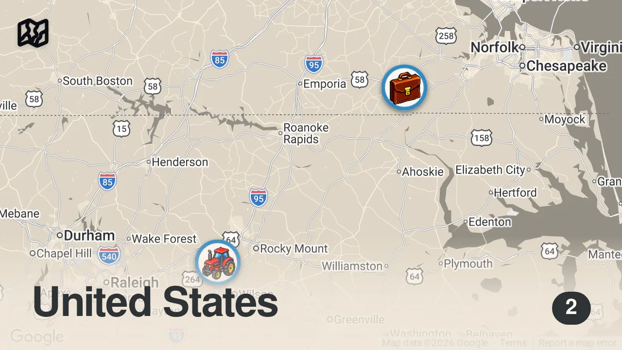 Map of 2 spots from How a Top American Peanut Company Produces Millions of Nuts per Year — Dan Does