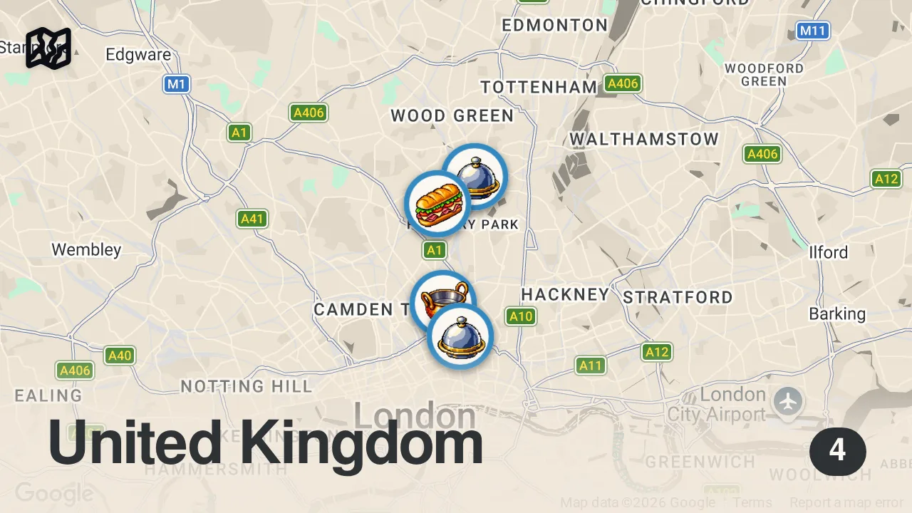 Map of 4 spots from 12 Hours Eating North London's BEST Food!