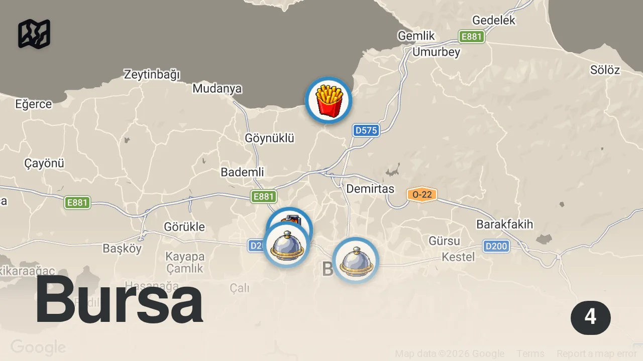 Map of 4 spots from Bursa'da 8.500 TL'lik Lezzet Turu! Mutancana, Pastrami, Ciğer ve Oğlak Kokoreç