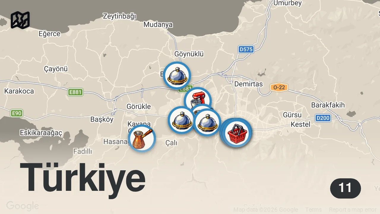 Map of 11 spots from BURSA LEZZET REHBERİ (Tahanlı, çiğbörek, süt helvası, mantı, Bursa Kebabı) - Ayaküstü Lezzetler