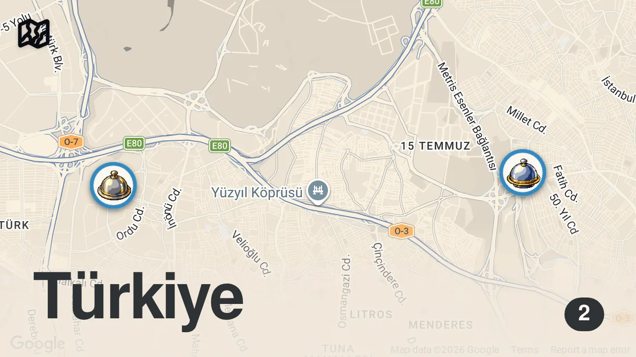 Map of 2 spots from BU BÖREKTEN BİR TEPSİ YENİR (Hesaplar Senden Bölüm 4) - Ayaküstü Lezzetler