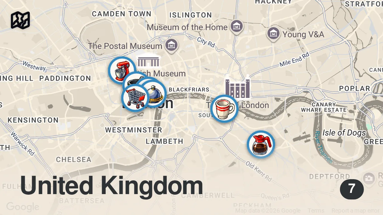 Map of 7 spots from American Tries Every British Fast Food Chain