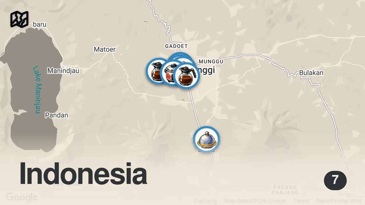 Map of 7 spots from Indonesian Street Food - SPICY duck + NASI KAPAU + #1 CHICKEN - Indonesian food in Bukittinggi
