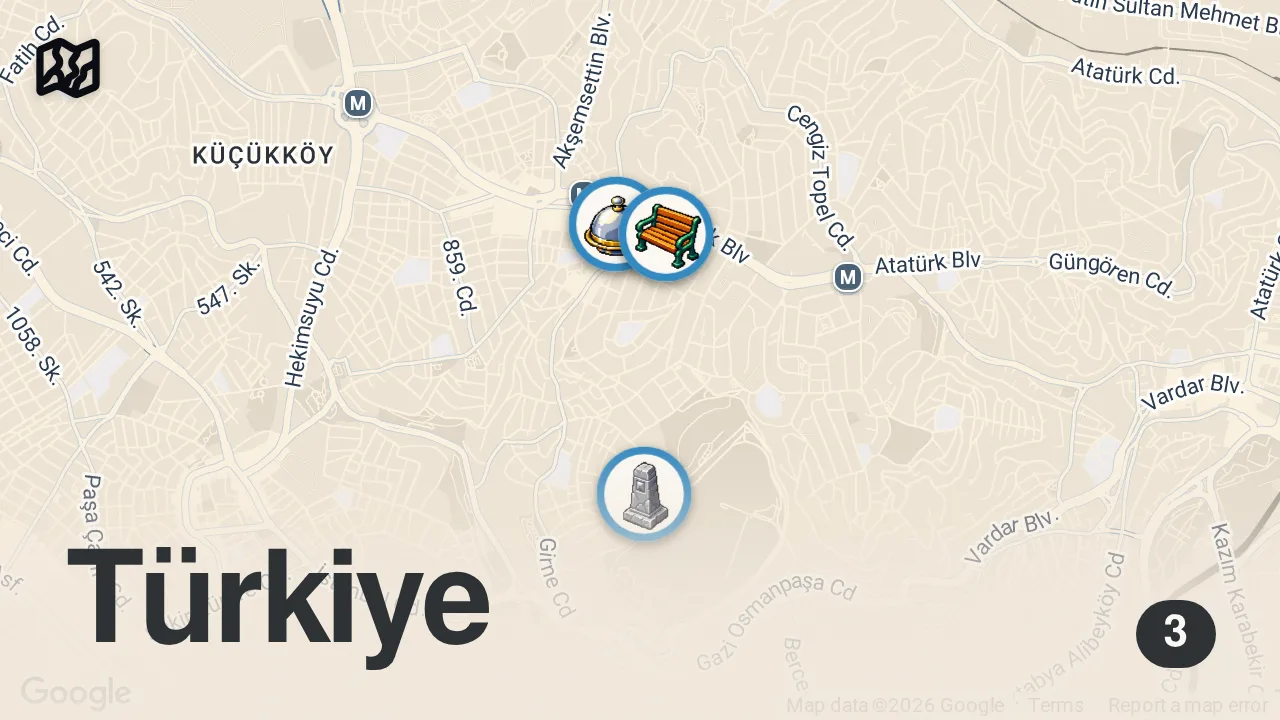 Map of 3 spots from HERGÜN 25 ÇEŞİT YEMEK ÇIKARAN 33 YILLIK ESNAF LOKANTASI! BUHARA KÖFTE SADECE BURADA VAR!