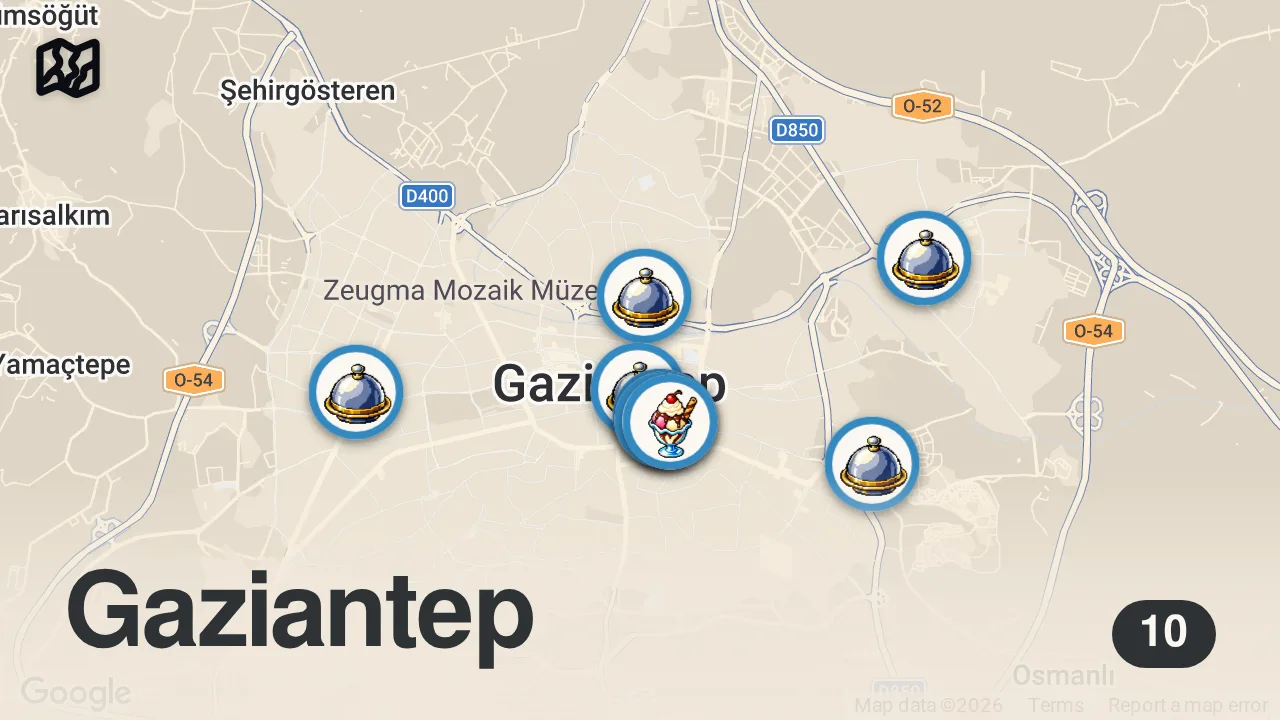 Map of 10 spots from GAZİANTEP LEZZET REHBERİ (Beyran, Baklava, Lahmacun, Küşleme, Ağlık, Katmer) - Ayaküstü Lezzetler