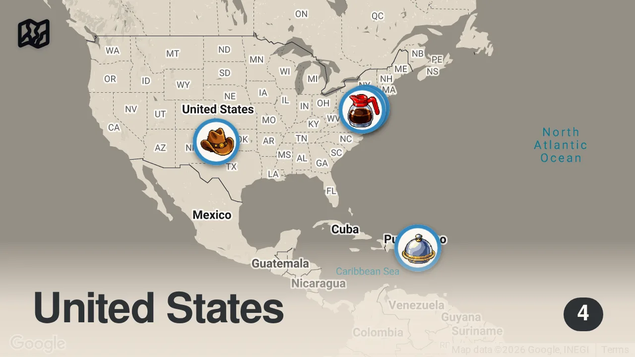 Map of 4 spots from Adam's Most Difficult Steak Challenges | Man v. Food | Travel Channel