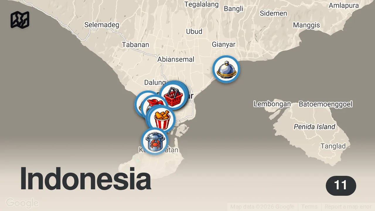Map of 11 spots from BALIS BESTES ESSEN 🇮🇩 | Cinematic Food Guide
