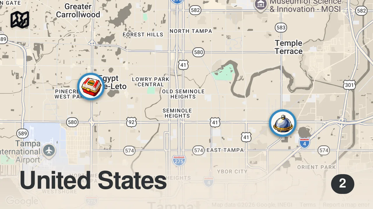 Map of 2 spots from EatingMost VIRAL Restaurants For 24 Hours (Tampa, FL)