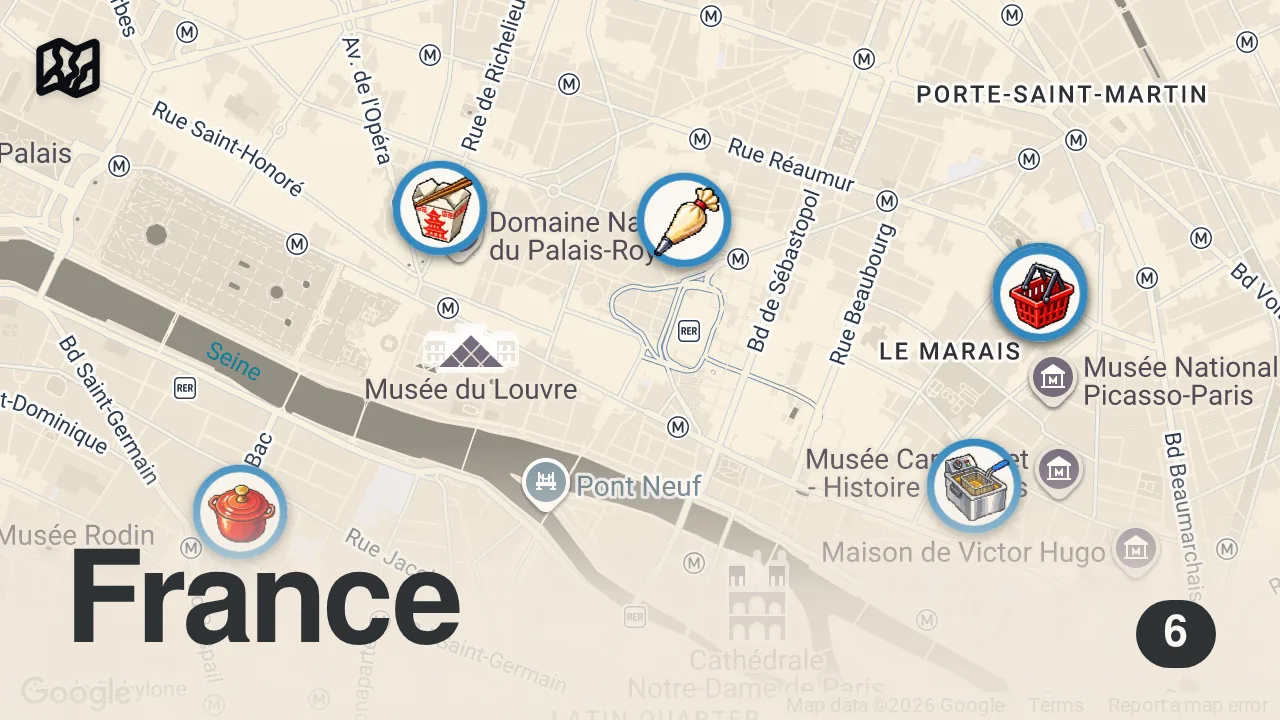 Map of 6 spots from Best cheap eats in Paris! (all under $20)
