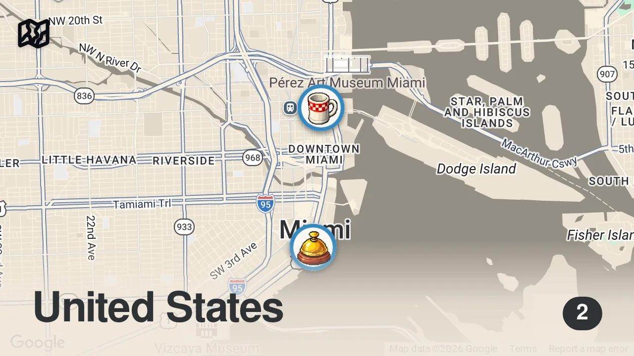 Map of 2 spots from INSIDE Miami's GREATEST All You Can Eat TOMAHAWK STEAK & Seafood BRUNCH BUFFET!