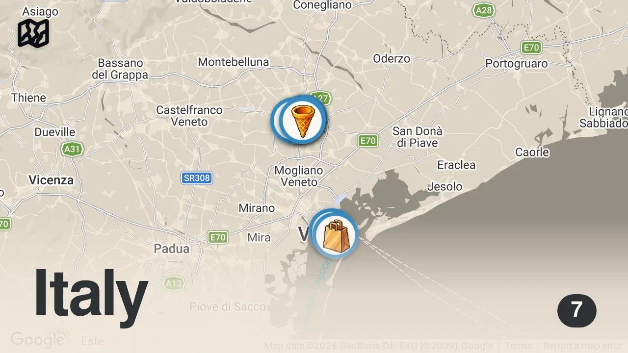 Map of 7 spots from 24h in Venice & Treviso | Italian Food Tour – From Lamb Shank to Legendary Tiramisu