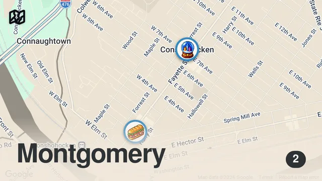 Map of Top 5 cheesesteak in or around Philly.