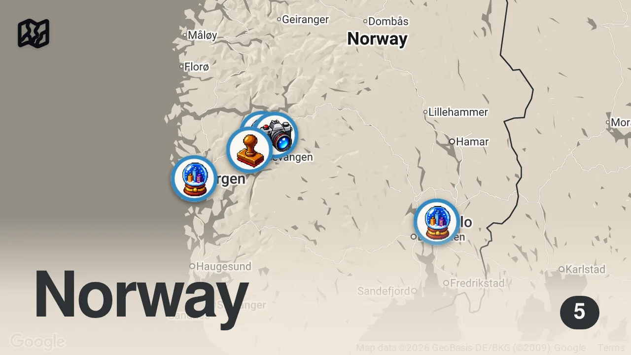 Map of 5 spots from 2 DAYS Across NORWAY By Train (Norway in a Nutshell)