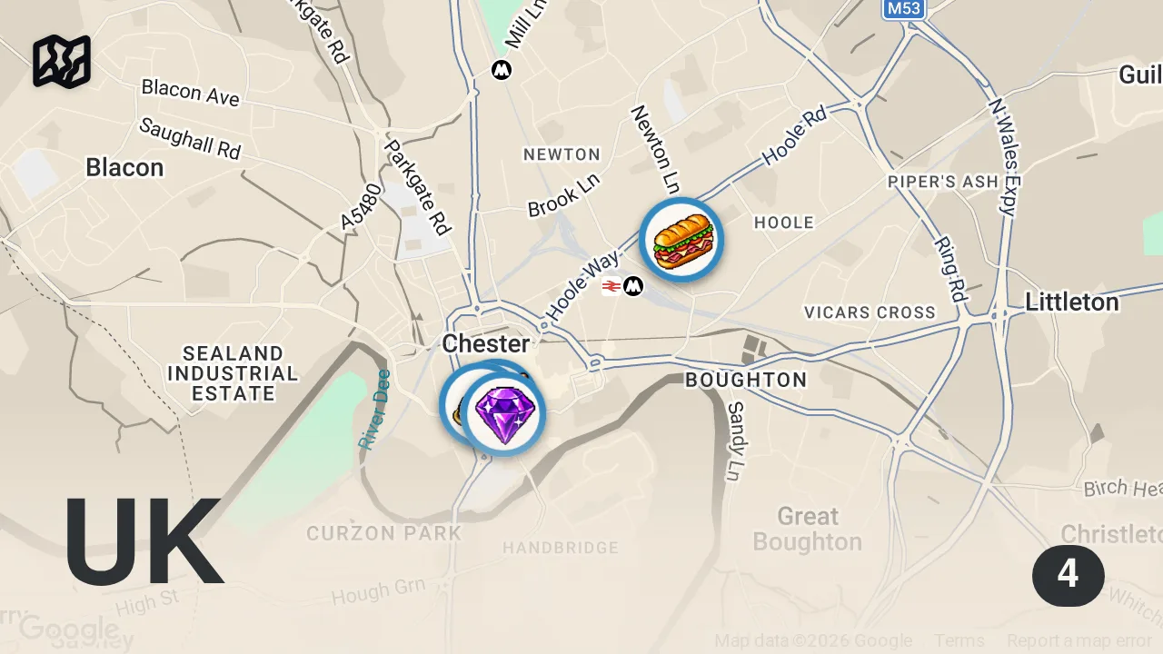 Map of 4 spots from 12 Hours Eating Chester's BEST Food!