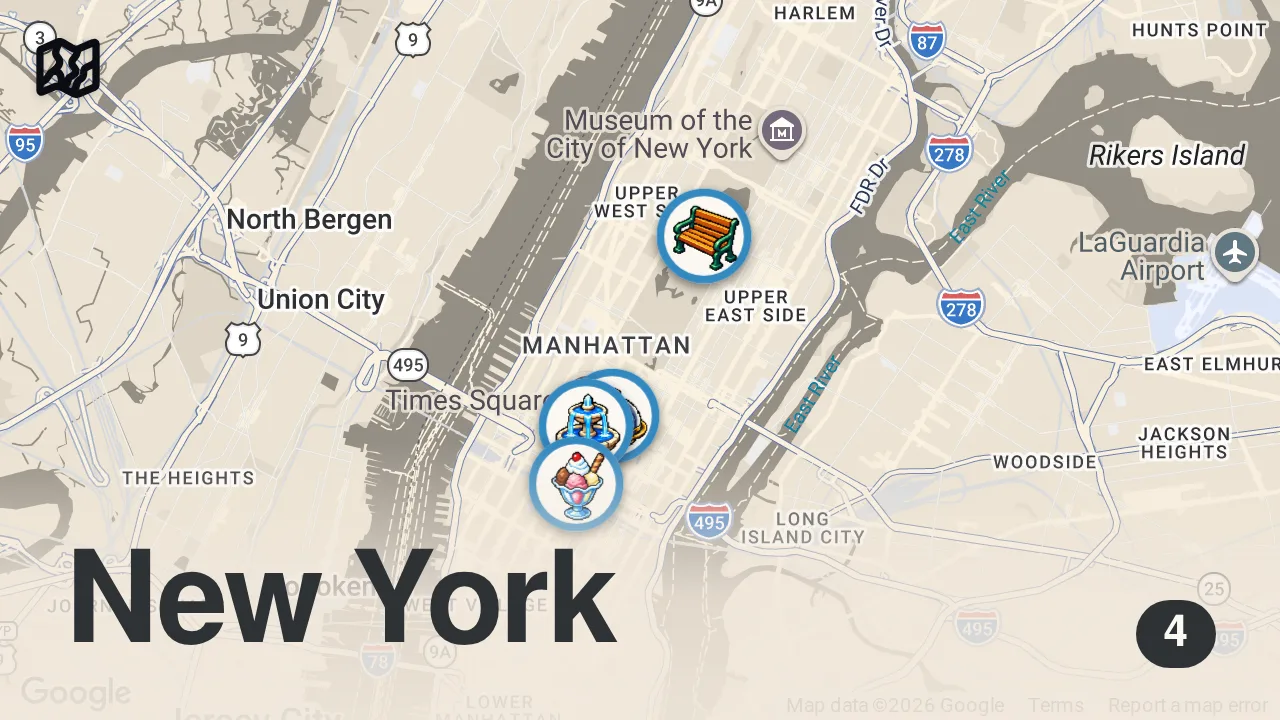 Map of 4 spots from I Only Ate STREET FOOD for 24 HOURS in New York! (Impossible Food Challenge)