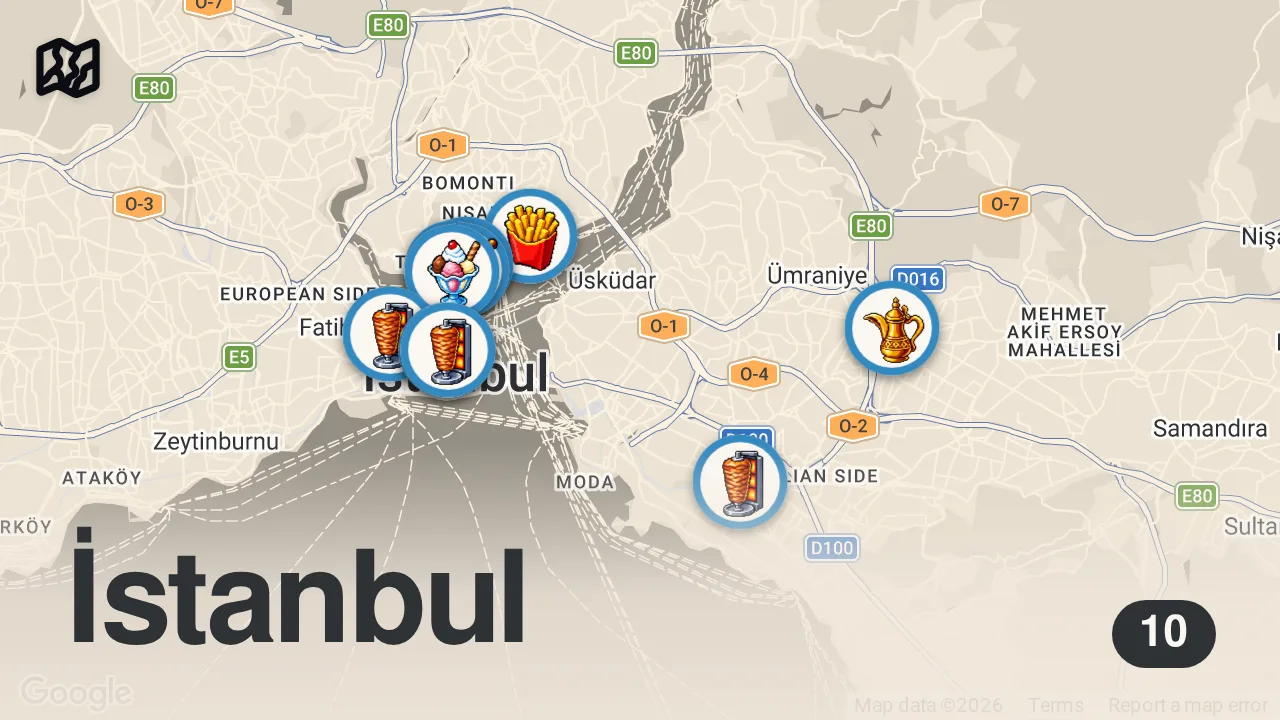 Map of 10 spots from 10 Must Try Turkish Foods on your first visit to Istanbul 🇹🇷