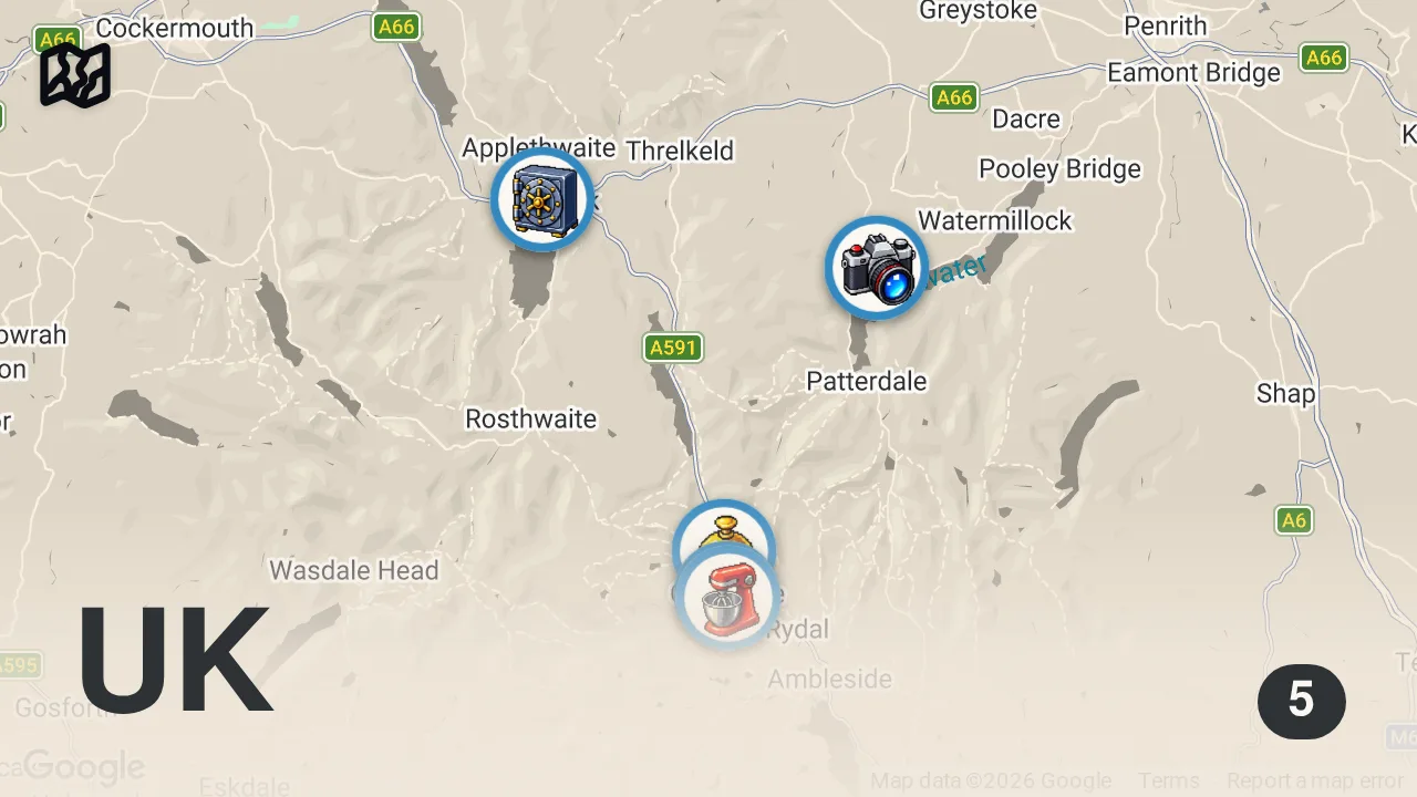Map of 5 spots from 48 Hours Eating The Lake District's BEST Food!