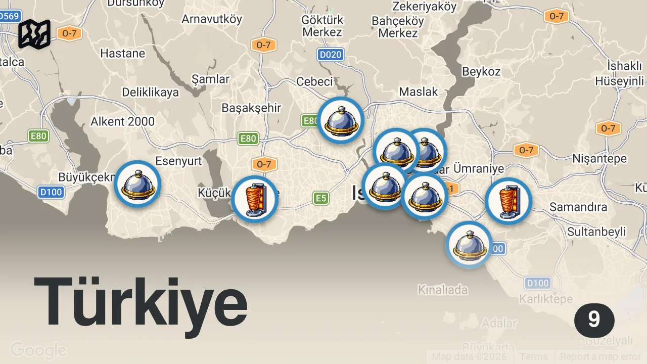 Map of 9 spots from İstanbul Kebapçı Sıralaması 😊#shorts #kebap #istanbul