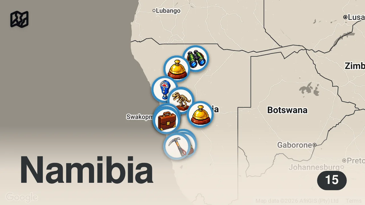 Map of 15 spots from How to travel INCREDIBLE NAMIBIA😍🇳🇦 | The ultimate 2 week itinerary!