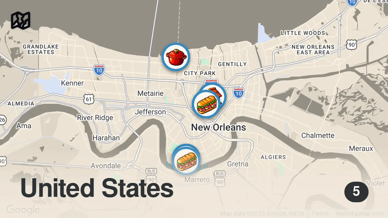 Map of 5 spots from 5 Mega SANDWICHES in One Day!! 🥖🦐 Best NEW ORLEANS PO'BOYS You Have To Try!!