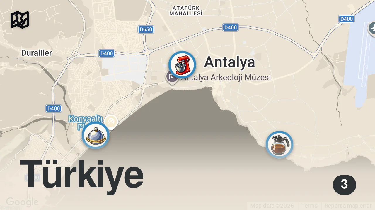 Map of 3 spots from ANTALYA’DA ÜÇ MEKAN! 😊