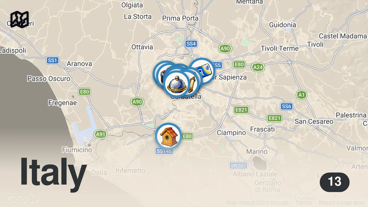 Map of 13 spots from 18 Must Try Foods in ROME - 72 Hours Food Guide of Rome, Italy