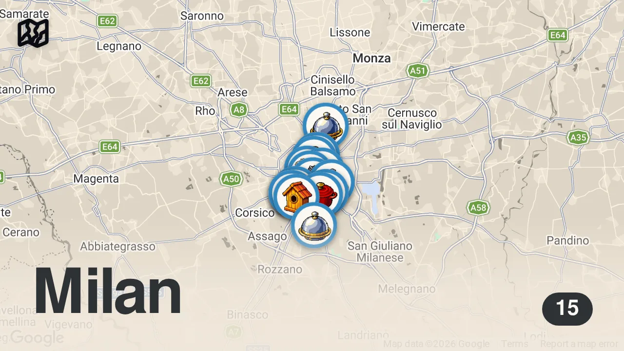 Map of 15 spots from Dove mangiare a Milano: migliori 10 ristoranti 2025