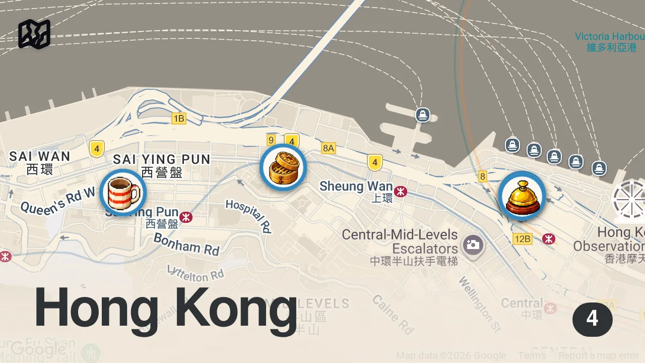 Map of 4 spots from $10 VS $200 Dumplings!! π₯ Ultimate DIM SUM TOUR in Hong Kong!