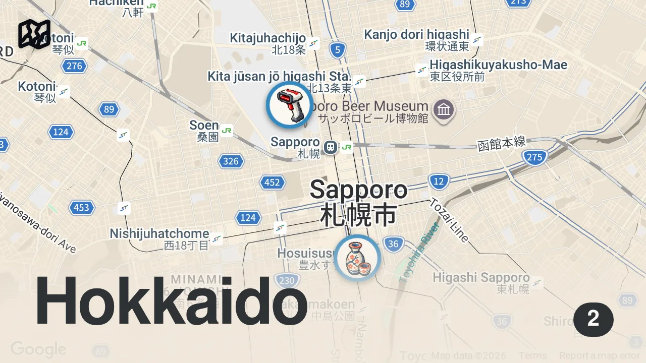 Map of 2 spots from How much I eat in a day to cycle 130km across Japan! (a LOT)