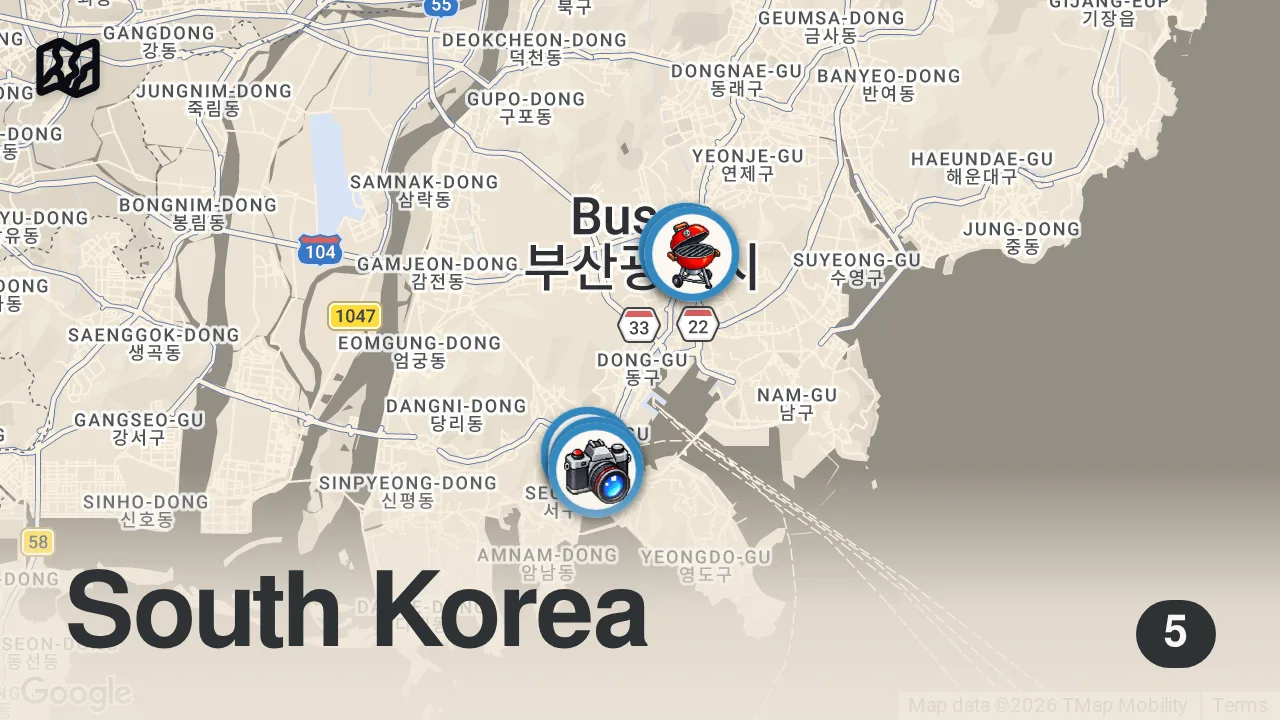 Map of 5 spots from 24 Hours of Korean Food in BUSAN – Pork vs Beef BBQ + Street Food & Jagalchi Market