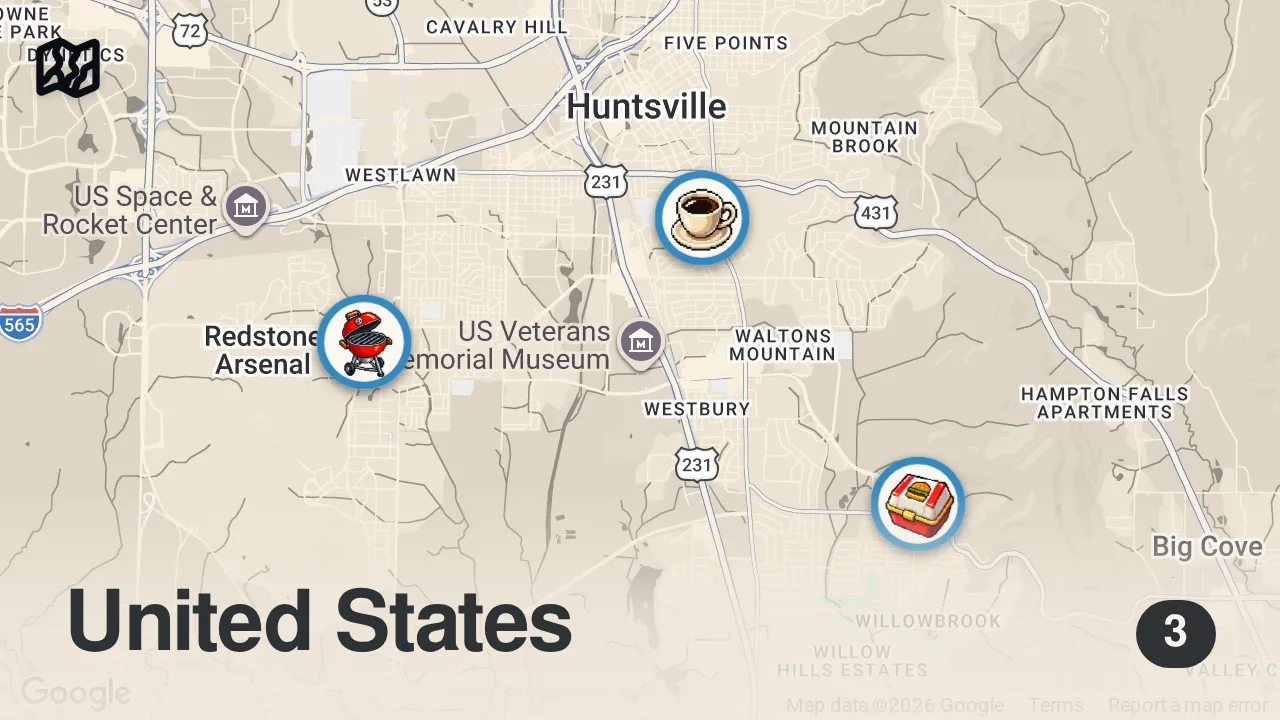 Map of 3 spots from Eating at VIRAL Restaurants For 24 Hours... (Huntsville, Alabama)