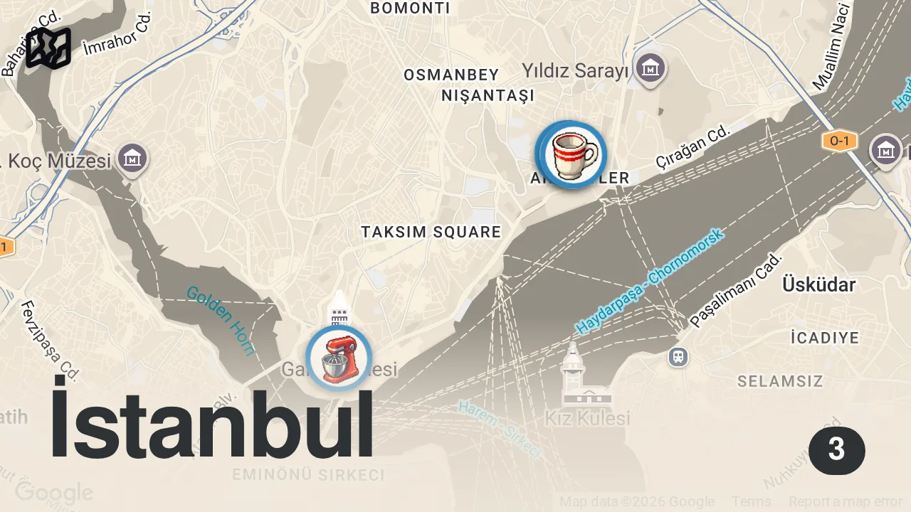 Map of 3 spots from İSTANBUL KAHVALTI VLOG (Çakallı menemeni, Göçmen böreği, Focaccia sandviç) - Ayaküstü Lezzetler