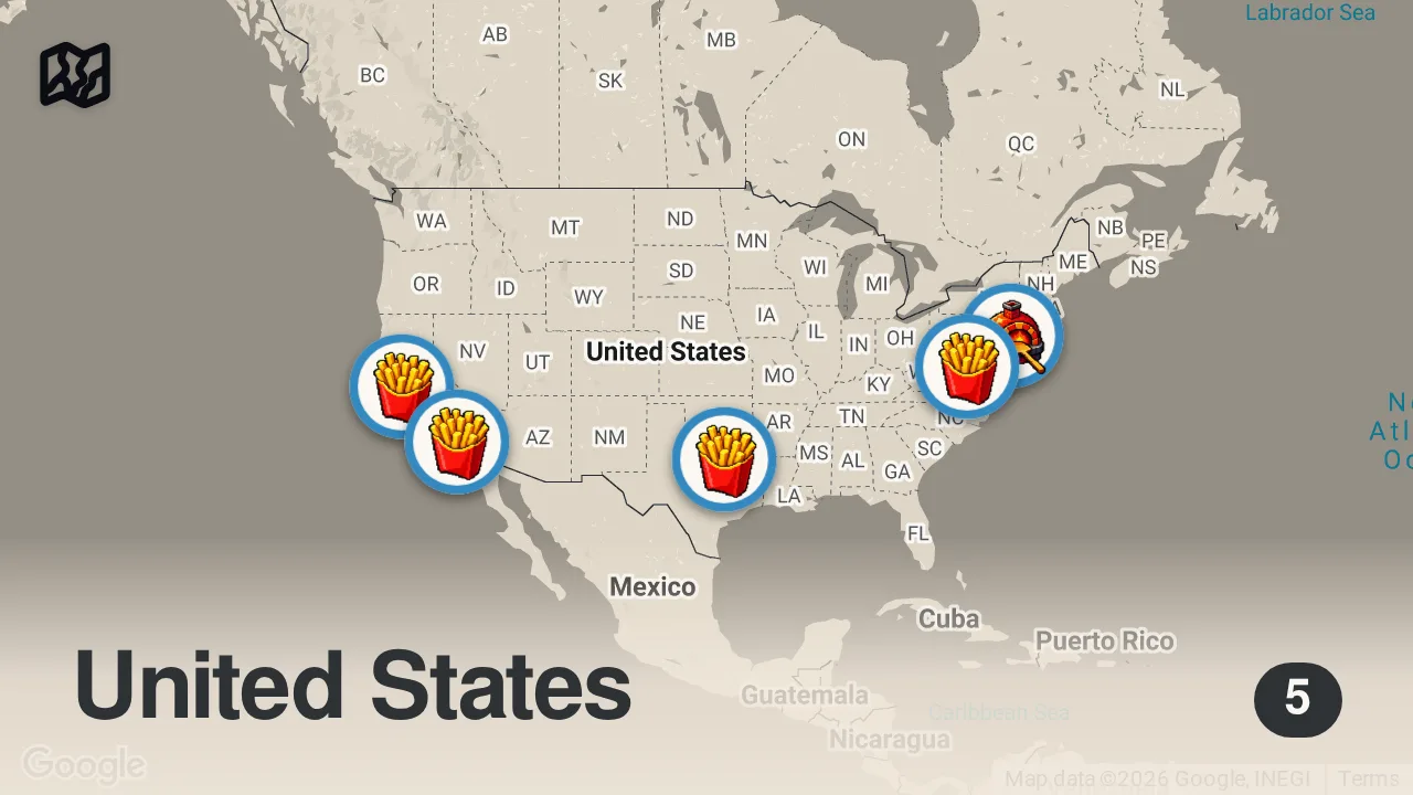 Map of 5 spots from How Fast Food Chains Have Changed: 2020 vs 2024 (US Vs UK) I Food Wars | Insider Food