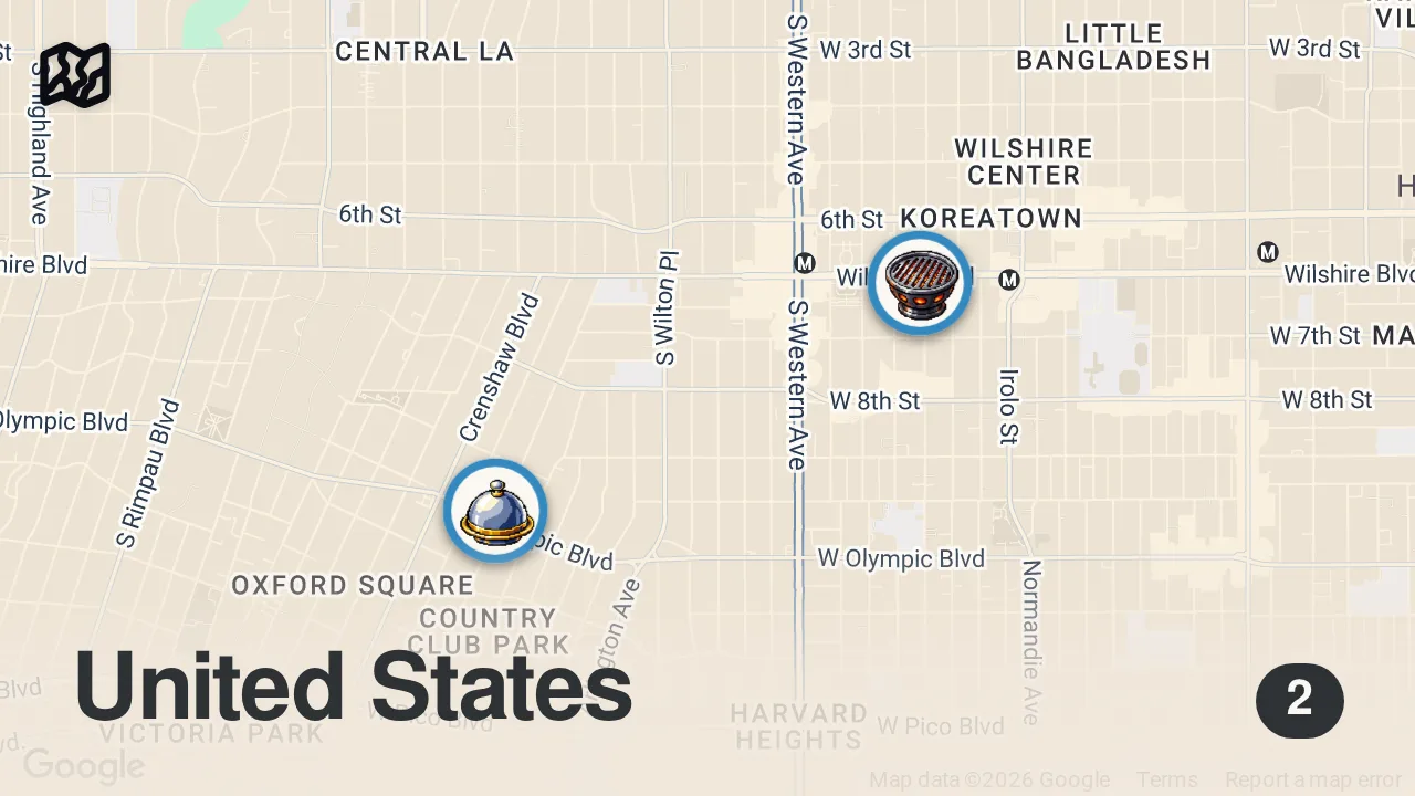Map of 2 spots from Huge KOREAN FOOD Tour!! 🌶️ SPICY SEAFOOD + Kimchi Noodles in Koreatown, LA!! [Part 1]