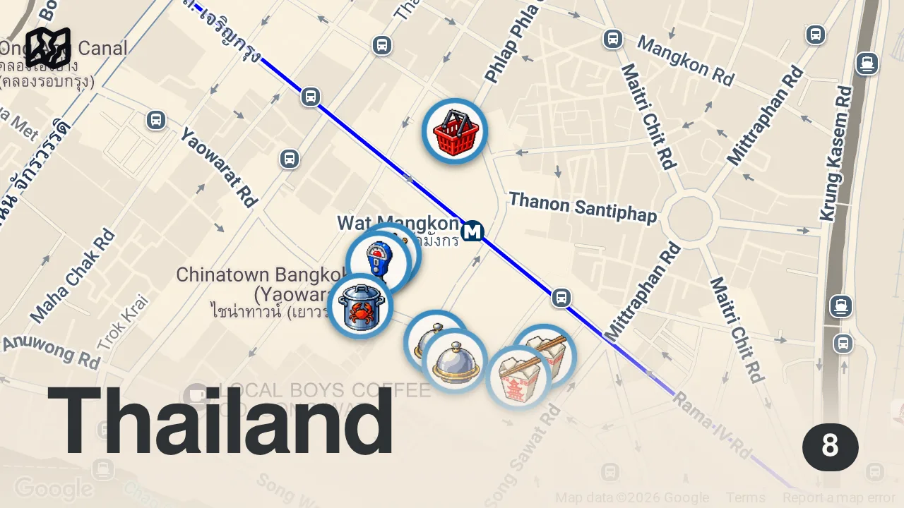 Map of 8 spots from 10 Must Try Foods in BANGKOK CHINATOWN 🇹🇭 Crispy Pork + Raw Seafood + Noodles - Thai street food