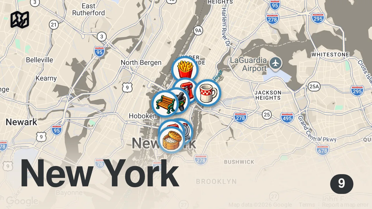 Map of 9 spots from Eating 8 of New York's Most Iconic Foods... with a Professional Chef