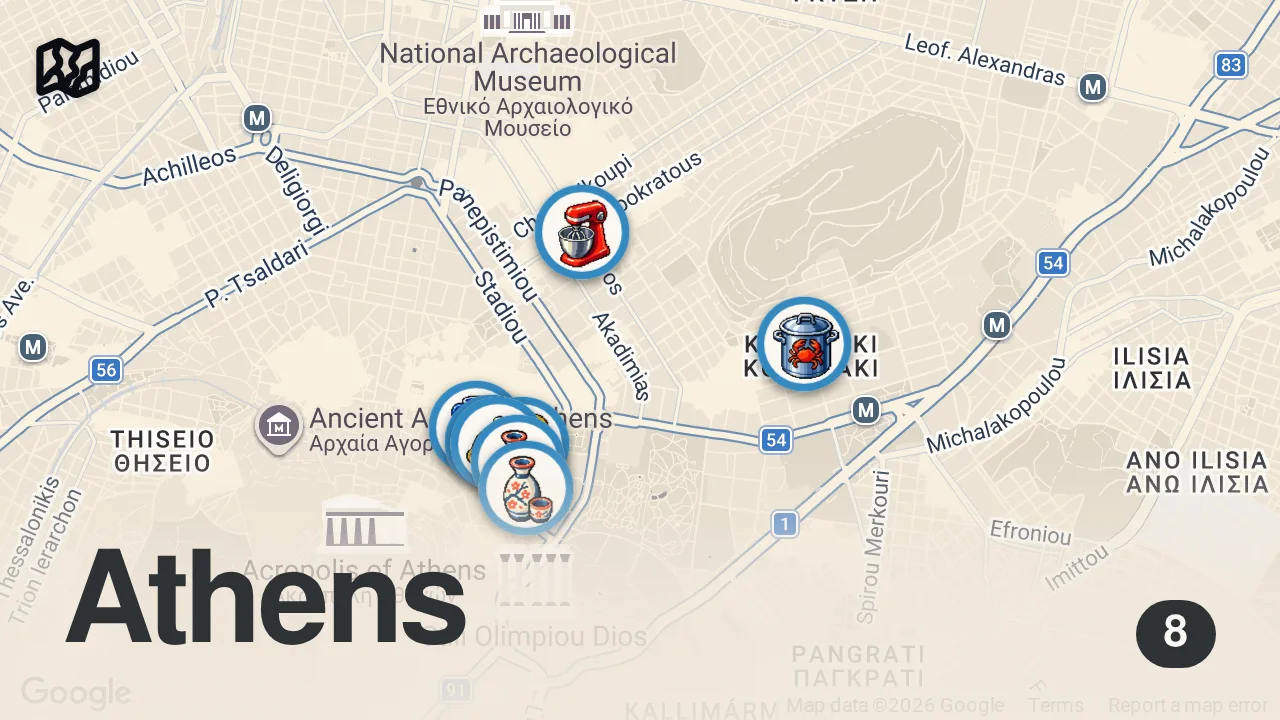 Map of 8 spots from ATİNA LEZZET REHBERİ | 8 Farklı Mekanda En Kapsamlı Rehber – Ayaküstü Lezzetler