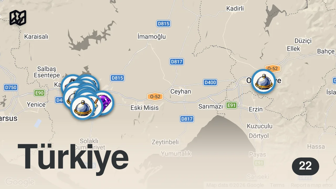 Map of 22 spots from ADANA’DAKİ TÜM TABLACILARI GEZDİM 2!!!