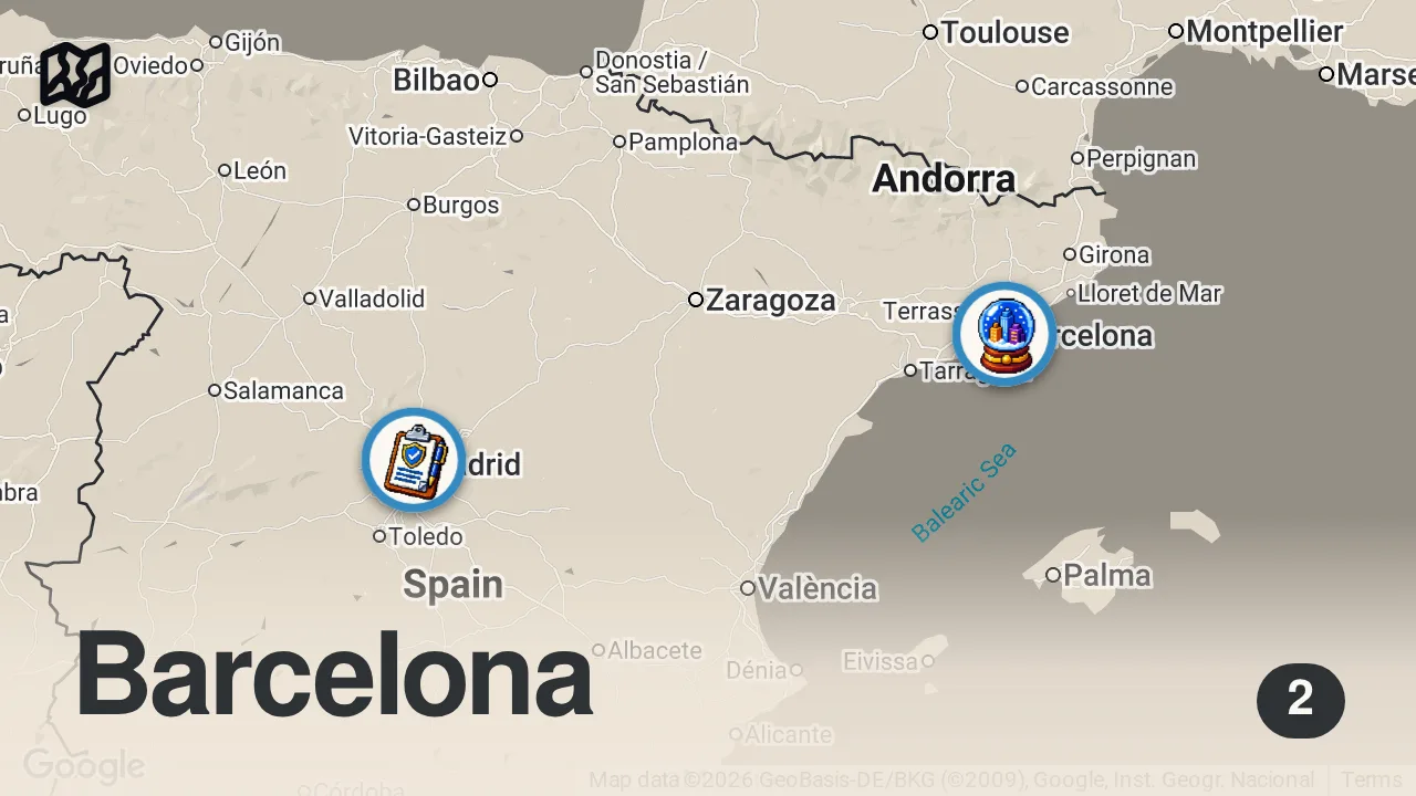 Map of 2 spots from 🚌 Dieser Bus hat BETTEN! Über Nacht von Zürich nach Barcelona | ARD Reisen #Nachtbus #Barcelona #ard