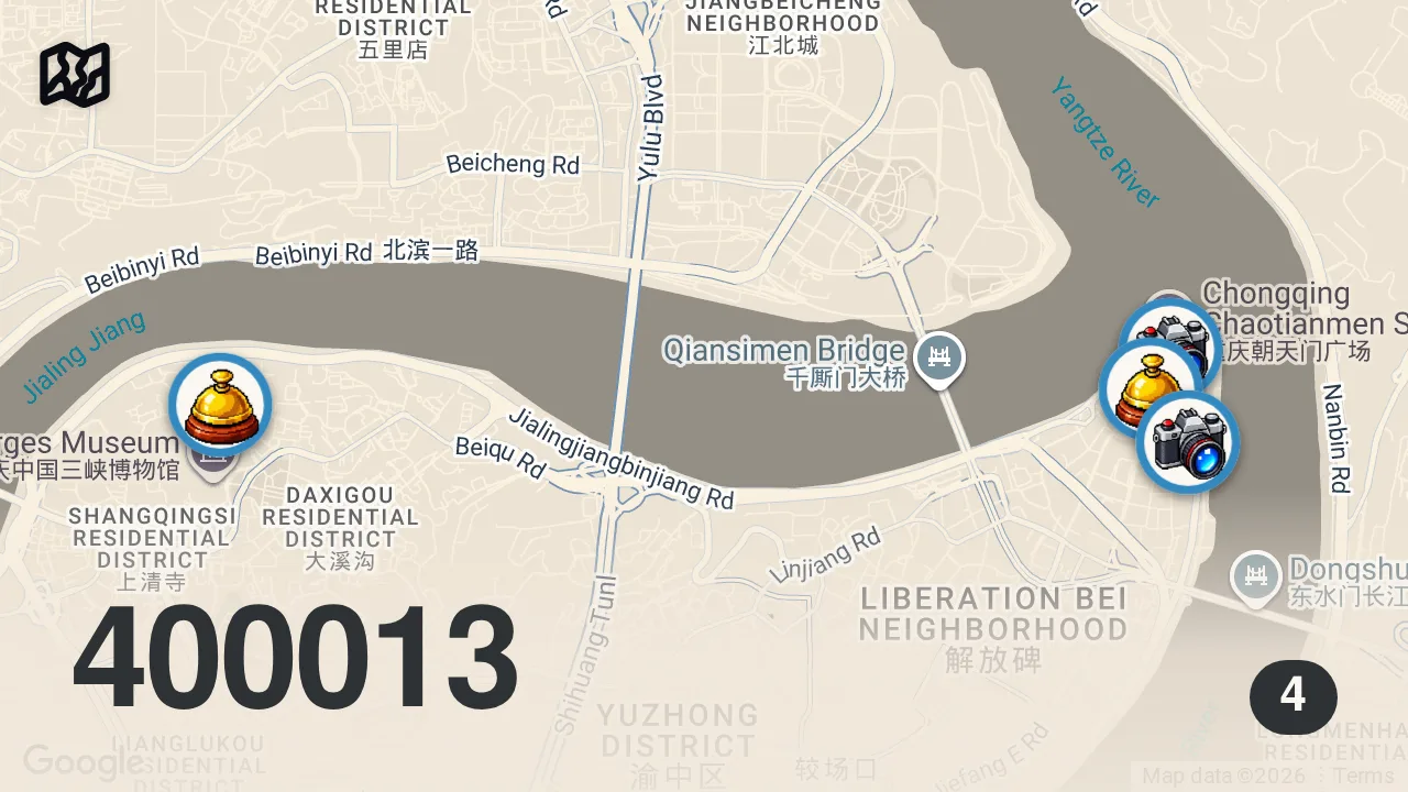 Map of 4 spots from From Wartime Capital To China's Futuristic City Under 30 Years Which Will Amaze You - Chongqing 🇨🇳