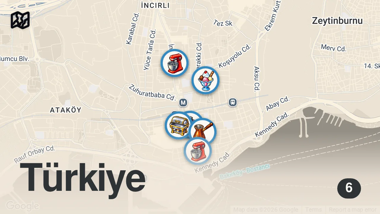 Map of 6 spots from Bakırköy'ün Efsane Lezzetleri (Bölüm 2) - Ayaküstü Lezzetler