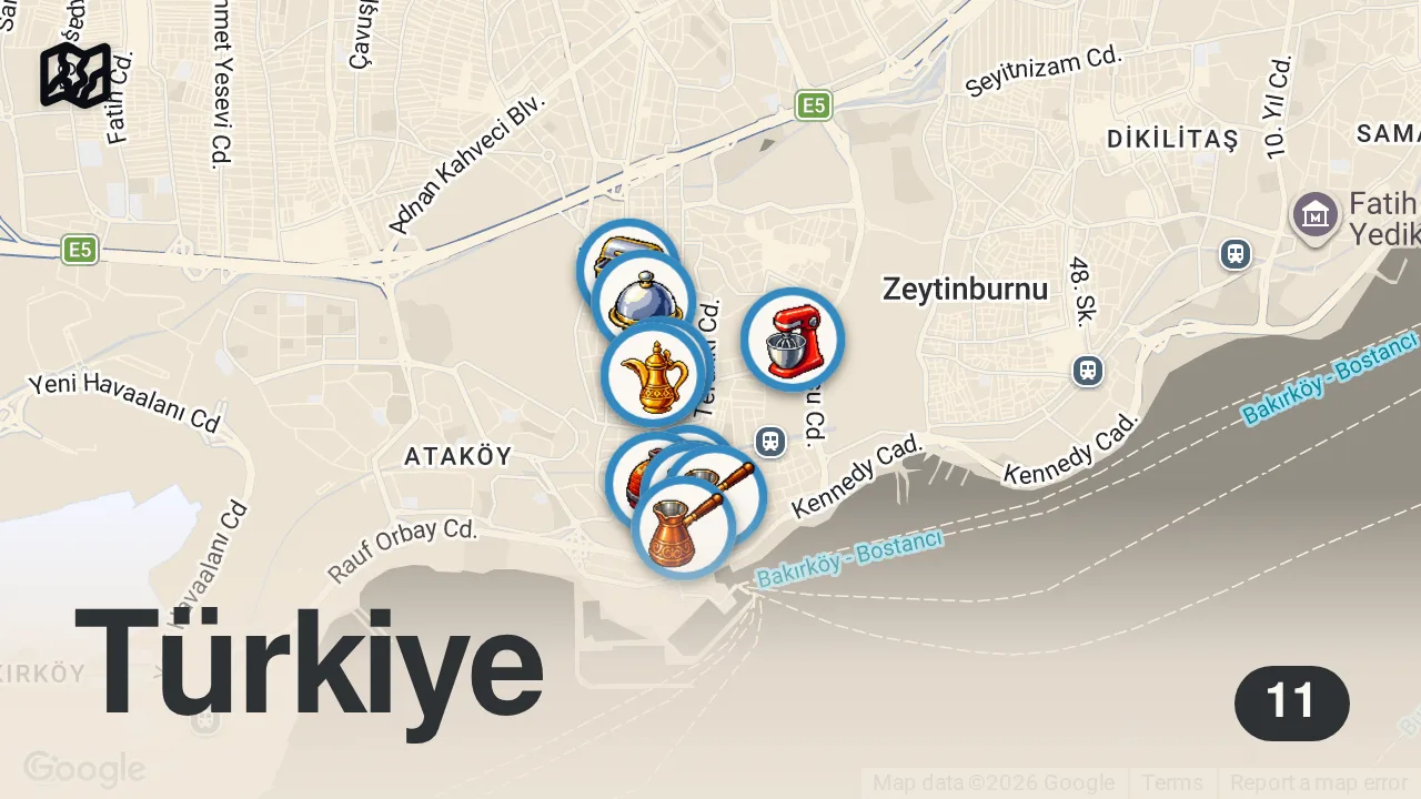 Map of 11 spots from İSTANBUL BAKIRKÖY’DE 1 GÜNDE NE YENİR!!!
