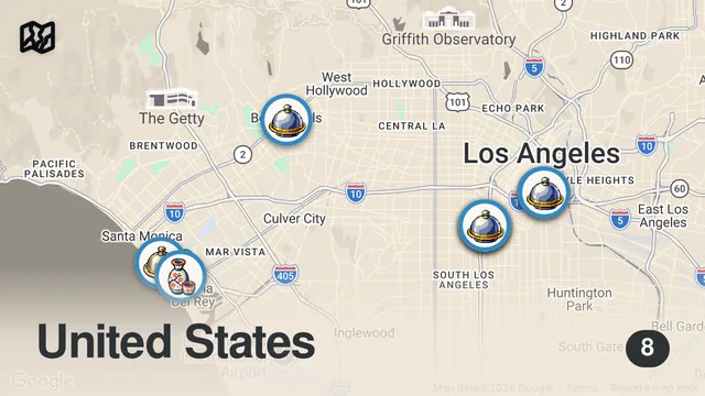Map of 12HRS in LOS ANGELES - A Michelin Chef Shows Us Where He Eats ft. Funke, Bianco, Kato, RVR & More