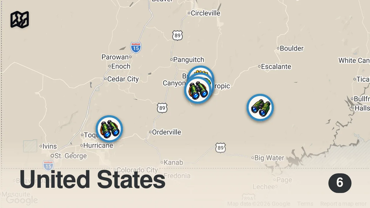 Map of 6 spots from HOW WE POST A VIDEO EVERY 4 DAYS and MANAGE a SHOP from our VAN (full-time traveling artists)