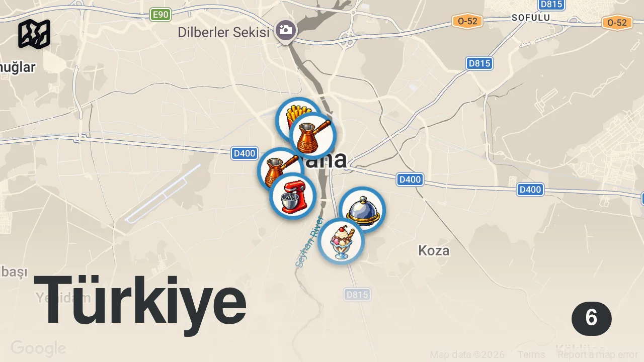 Map of 6 spots from Adana Lezzet Rehberi I Kartal başı yedik!