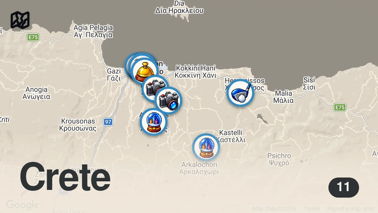 Map of 11 spots from Girit Seyahat Rehberi 🇬🇷 | Heraklion’da Gezilecek Yerler, Bougatsa, Knossos & Taverna Keyfi